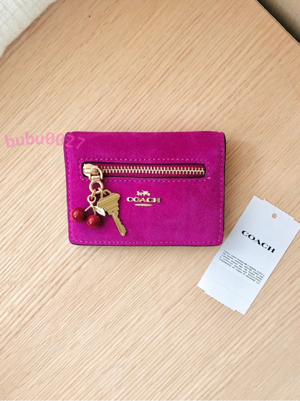 NWT💖Coach Card Case With Charms Magenta Pink Suede CGA71 Cherry Key Bright